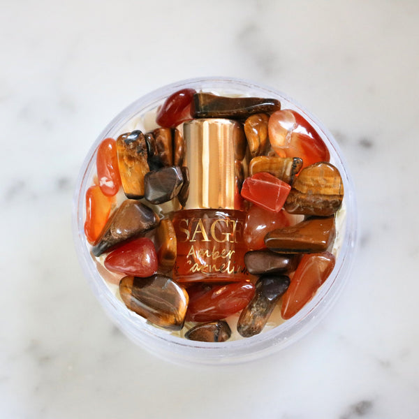 Amber &amp; Carnelian Blend Perfume Oil Concentrate Mini Rollie with Gemstones by Sage - The Sage Lifestyle