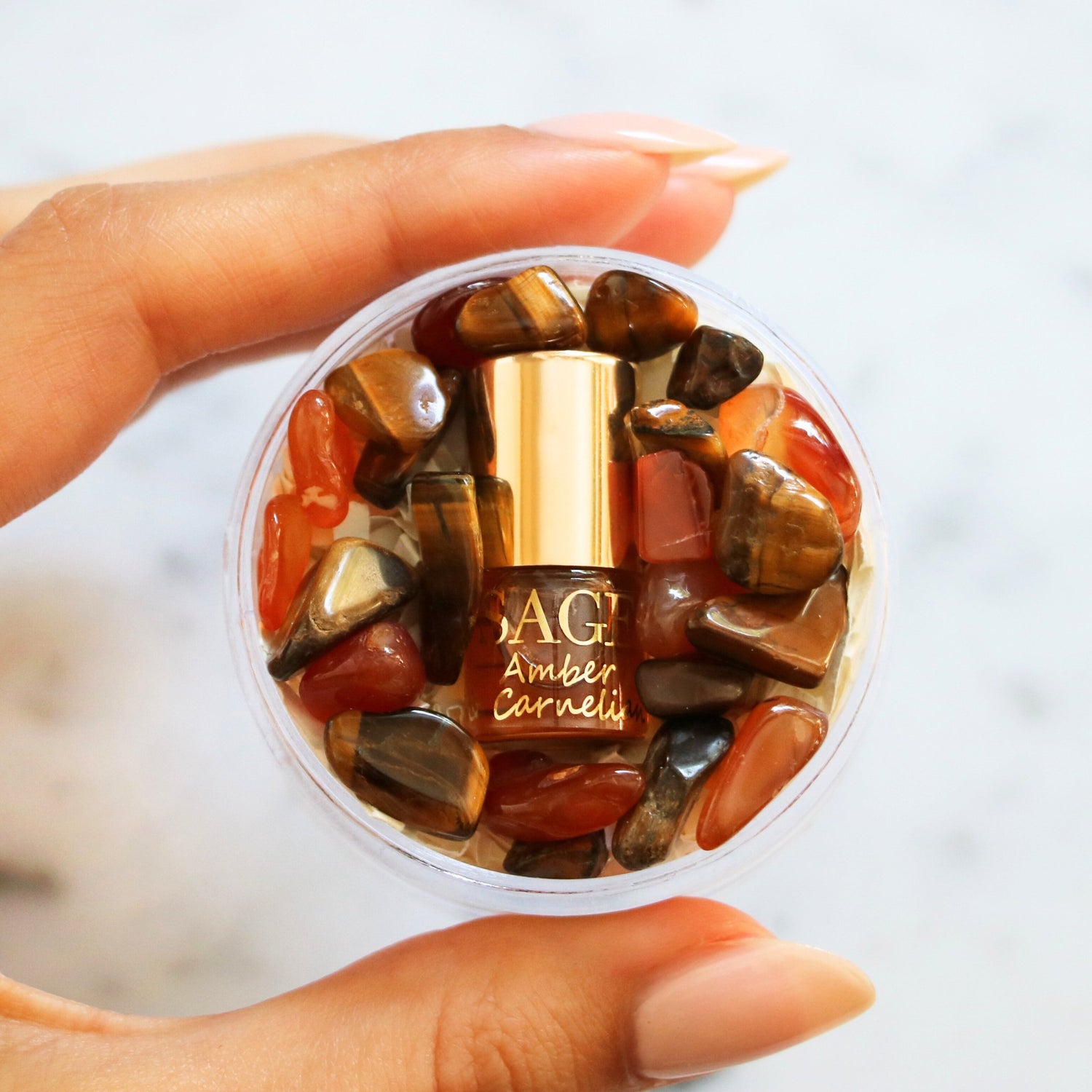 .03 oz Mini Roll on Amber and Carelian Perfume Oil by Sage with gemstones, Earthy, Unisex Vegan,Cruelty Free, travel perfume