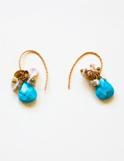 Arizona Turquoise and Japanese Keshi Pearl Cluster Teardrop Charm Gold Earrings by Sage Machado - The Sage Lifestyle