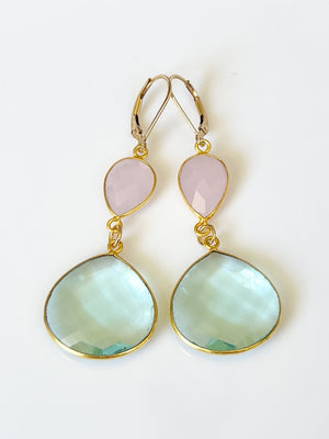 Blue Topaz and Rose Quartz Double Teardrop Gold Earrings by Sage Machado - The Sage Lifestyle